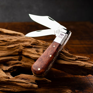 Twin Blade Barlow - 55mm Clip & Pen Blades - Amboyna Burr Handle with Traditional Workback