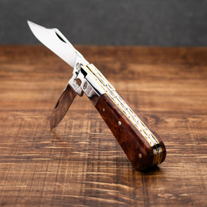 Twin Blade Barlow - 55mm Clip & Pen Blades - Amboyna Burr Handle with Traditional Workback