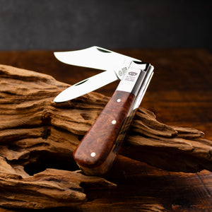 Twin Blade Barlow - 55mm Clip & Pen Blades - Amboyna Burr Handle