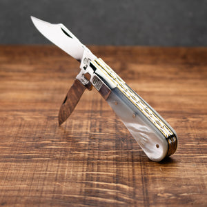 Twin Blade Barlow - 55mm Clip & Pen Blades - Mother of Pearl Handle with Traditional Workback