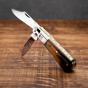 Twin Blade Barlow - 55mm Clip & Pen Blades - Ox Horn Handle with Traditional Workback