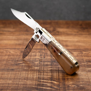 Twin Blade Barlow - 55mm Clip & Pen Blades - Rams Horn Handle with Traditional Workback